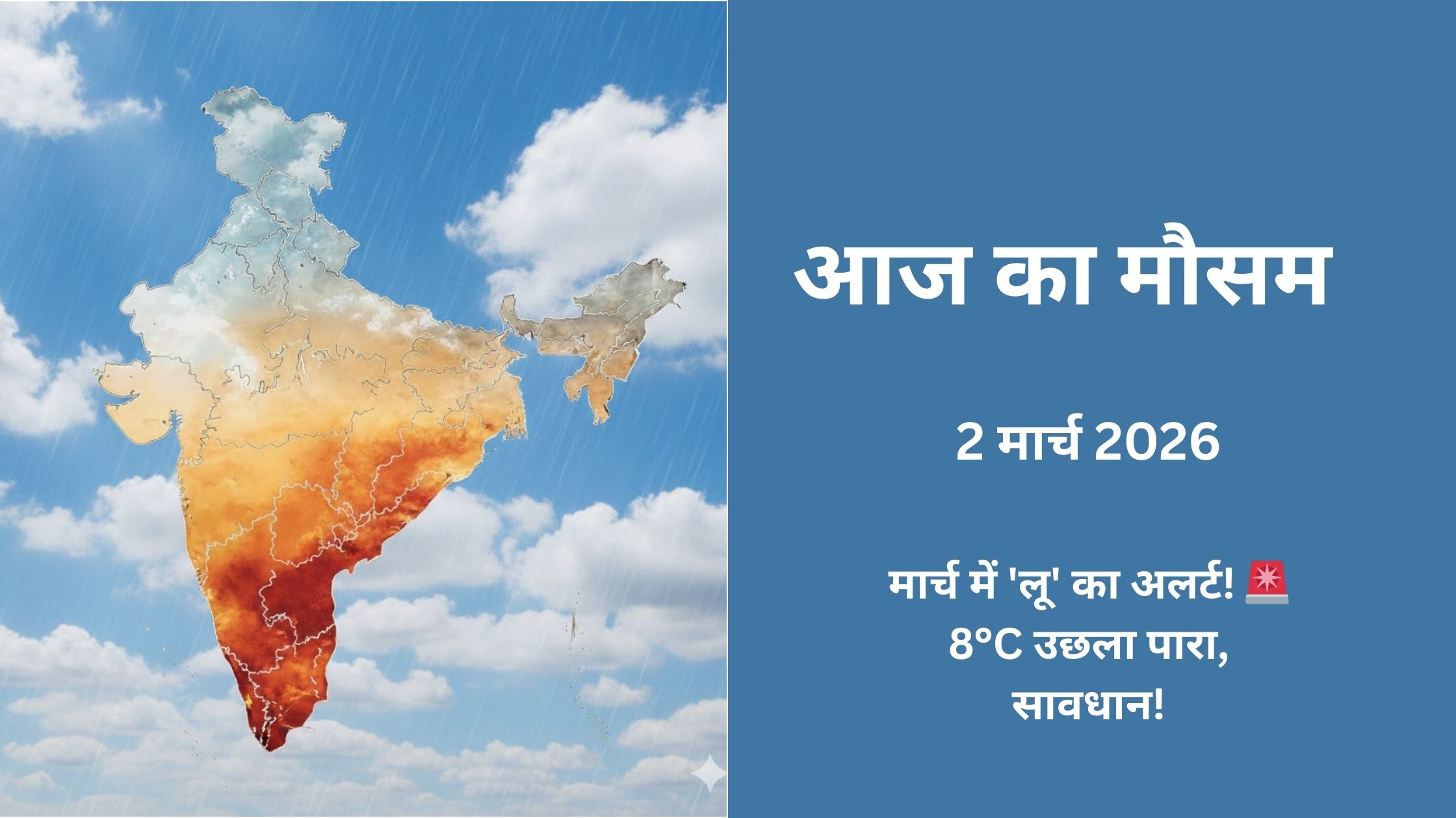 Aaj ka mausam 2 March 2026: उत्तर भारत में गर्मी का टॉर्चर! दिल्ली-NCR समेत इन राज्यों में पारा 8°C उछला। जानें कहाँ चलेगी लू और कहाँ होगी झमाझम बारिश।