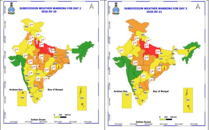राजस्थान, गुजरात, पंजाब, हरियाणा, दिल्ली उत्तर प्रदेश छत्तीसगढ़, मध्य प्रदेश में लू का अलर्ट है।